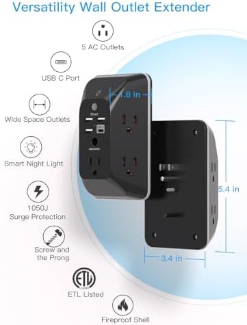 HANYCONY Versatile Black Outlet Extender with USB-C and Night Light – 4-Port Surge Protector Power Strip for Fast Charging in Home, Office, and Dorm Settings – Maximize Device Compatibility and Safety
