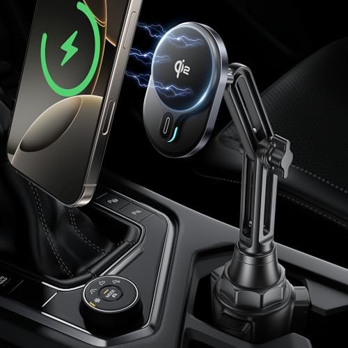 Revolutionary Qi2 15 W Wireless Mag Safe Car Mount Charger – Ultra-Fast Charging for i Phone 16/15/14/13/12 & Galaxy S25 – Adjustable Cup Holder Design with 360° Viewing Angle – Enhanced Safety & Compatibility for Seamless Use – Ideal for On-the-Go Charging Solutions