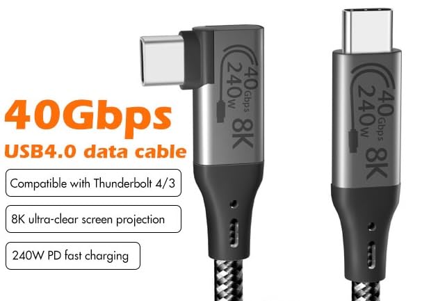 Elevate Your Connectivity with a 6-Foot USB4 Cable – Ultra-Fast 40 Gbps Data Transfer, 8 K HD Display Support, and 240 W Rapid Charging – Flexible 90-Degree Right Angle USB-C Design for Optimal Performance in Tight Spaces and Seamless Compatibility with Thunderbolt 3 & 4 Devices