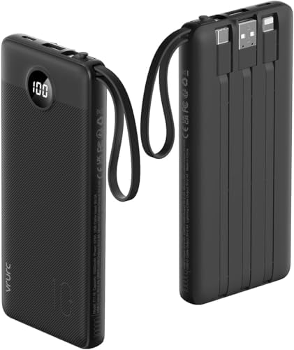VRURC 10000 m Ah Portable Power Bank with Integrated Cables and LED Battery Indicator – Slim, Lightweight Travel Charger with Dual Input and Five Outputs for Effortless Device Charging – Ideal for Smartphones and Tech Gadgets – Stylish Blue Design (1 Pack) – Ultimate Convenience and Compatibility