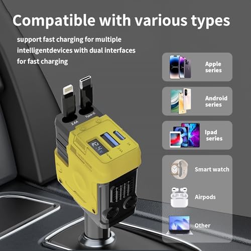 Ultimate 4-in-1 Retractable Car Charger – 69 W USB-C Adapter with Dual Ports, Shock Absorption Technology for i Phone 16 and More, Travel-Ready Power Solution with 31.5-inch Tangle-Free Cables, Essential Road Trip Accessory for Multi-Device Charging