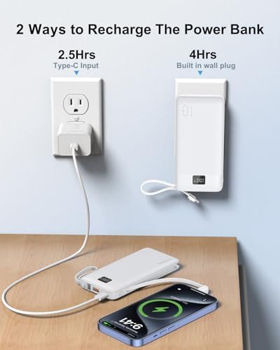 Revolutionize Your Charging Experience with ANOUV 10,000 m Ah Portable Power Bank – Built-in Cables & AC Plug for Fast, On-the-Go USB-C Charging, Compatible with i Phones and All Smart Devices – LED Display for Real-Time Battery Monitoring – The Ultimate Travel Essential for Efficiency and Convenience