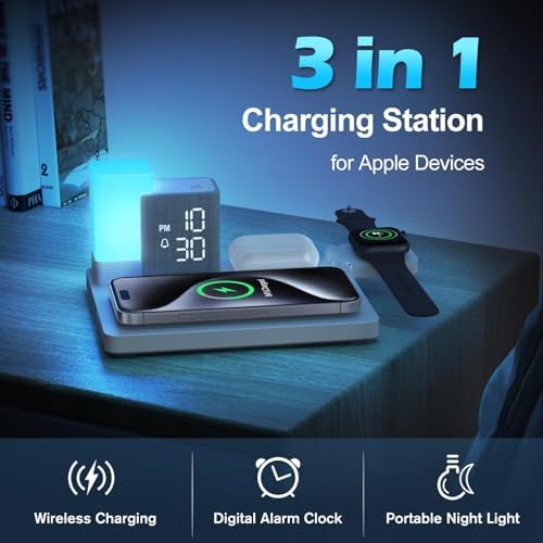 Transform Your Charging Routine with the REACHER 3-in-1 Wireless Charging Station: Mag Safe-Compatible Alarm Clock & 8-Color LED Night Light for i Phone 16/15/14/13/12 Series – Ideal Nightstand Organizer for Enhanced Efficiency and Style in Bedroom, Desk, and Dorm Settings – Fast, Multi-Device Charging Dock for Ultimate Convenience