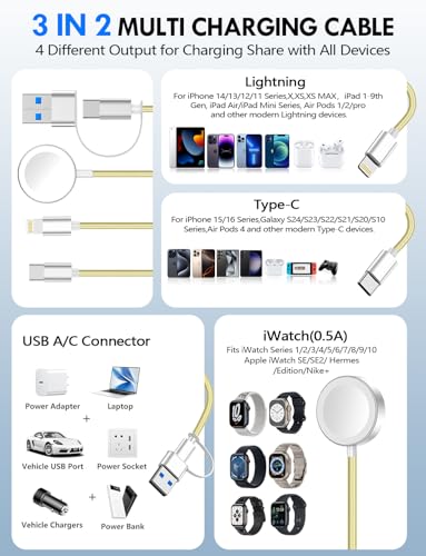 Ultimate 2-Pack Fast Charging Cable Set: Versatile USB A/Type C/Lightning Cables for Quick Charging of Apple Watch & i Phone, 4 FT Length for Seamless Travel Compatibility with i Phone 11-16, i Pad, Apple Watch Ultra & SE, Durable Multi-Device Solution for Enhanced Power Efficiency and Convenience