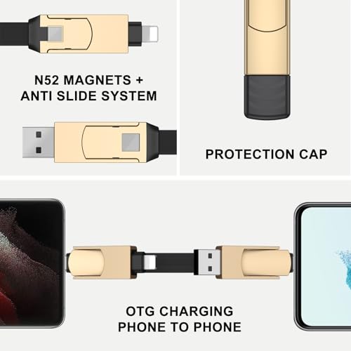 Multi Keychain Charging Cable Travel Portable Charger Cable Magnetic 4 in 1 USB C Cable Compatible with IP 15/15 Pro/ 15 Plus/ 15 Pro Max/MacBook/Galaxy (Lava Black) – Enhanced Compatibility and Speed