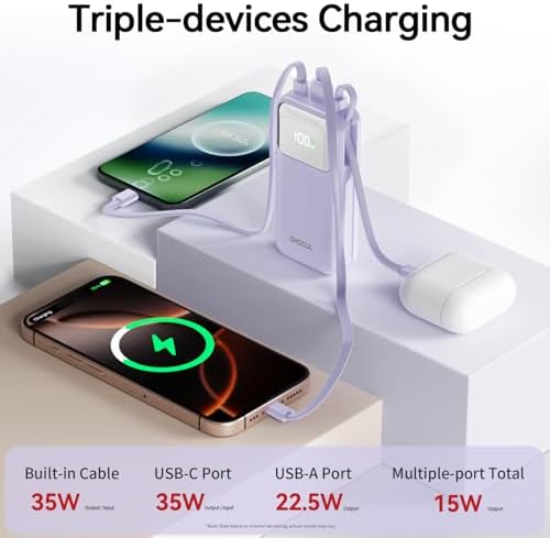 10,000 m Ah Portable Power Bank with Integrated USB-C Cable – Ultra-Fast Charging Solution for i Phone 16/15, Mac Book, Galaxy, i Pad & Air Pods – Your Essential Travel Power Companion with Superior Device Compatibility and Speed