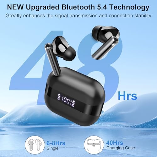 Revolutionary Bluetooth 5.4 Wireless Earbuds – Immersive Deep Bass Audio, 48-Hour Extended Playtime, Superior ENC Noise Cancellation – IP7 Waterproof In-Ear Headphones with Four Microphones for Exceptional Call Clarity – Ideal for Active Lifestyles and Everyday Use