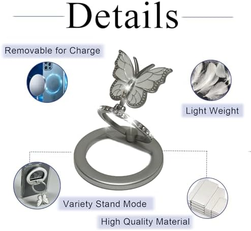 Magnetic Phone Ring Holder with Adjustable Kickstand – Elegant Silver Butterfly Design for Enhanced Grip and Versatile Hands-Free Viewing – Ideal Mag Safe-Compatible Smartphone Accessory for Secure Handling and Effortless Navigation