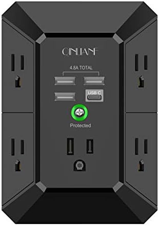 QINLIANF 5-Outlet Surge Protector Wall Charger with 4 Fast USB Ports (4.8 A Total) – Versatile 3-Sided Power Strip Adapter for Home, Office & Travel Safety Solutions with 1680 J Protection and Enhanced Accessibility