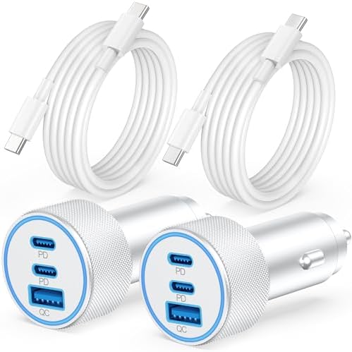 Dual-Pack 3-Port 67 W USB-C Car Charger for i Phone 16/15 Pro Max Plus – Super Fast Charging with 2 x 3 FT Cables | Multi-Device Travel Adapter for i Pad, Air Pods, and More – Ultimate Convenience for On-the-Go Power Solutions
