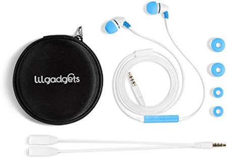 Lil Gadgets Safe Sound Kids Earbuds – Comfortable Wired Earphones for School with Volume Limiting, In-Line Microphone, Travel Case & Audio Splitter – Perfect for Young Learners in Blue
