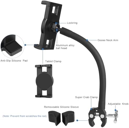 Revolutionize Your Workout: Adjustable Gooseneck Tablet Holder for Treadmill, Peloton, and Spin Bikes – Universal Mount for 4.7″ to 12.9″ Devices – Enjoy Seamless Access to Entertainment and Fitness Content with Secure Super Crab Clamp Design – Elevate Your Indoor Cycling Experience