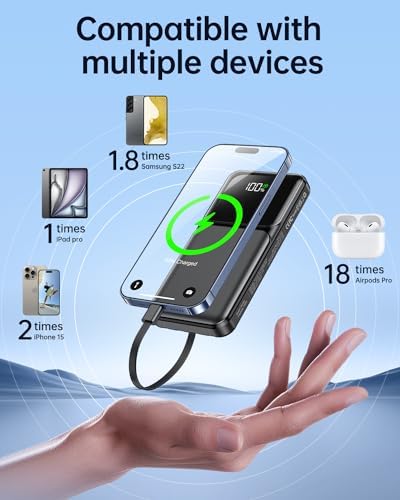 Ultra-Slim 10,000 m Ah Portable Power Bank with Built-in Cable – Fast Charging USB-C Travel Charger for i Phone, Samsung, Android & i Pad – Essential Battery Pack with Enhanced Compatibility and LED Indicator