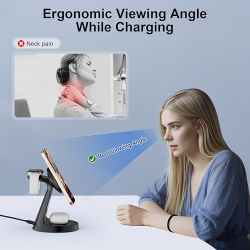 Enhanced 3-in-1 Magnetic Wireless Charging Station with 15 W Fast Charging for i Phone 16/15/14/13/12 Series, Apple Watch, and Air Pods – Ergonomic Design, Adjustable Viewing Angles, and Advanced Safety Features for Optimal Device Care