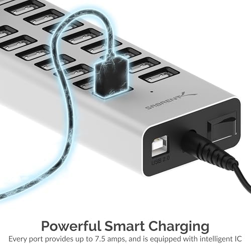 SABRENT 90 W 20-Port USB 2.0 Fast Charging Hub – Ultimate Multi-Device Power Station with UL Certified 12 V Adapter for Quick and Efficient Charging of Smartphones, Tablets, and More – Compact Design for Home and Office Use