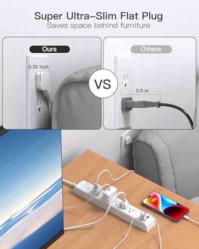 Dual Pack 12 FT Power Strip with 6 AC Outlets & 4 USB Ports, Including 2 USB-C – Versatile Surge Protector for Home, Office, and Dorm Use – Space-Saving Flat Plug Design, Wall Mountable for Ultimate Convenience and Safety