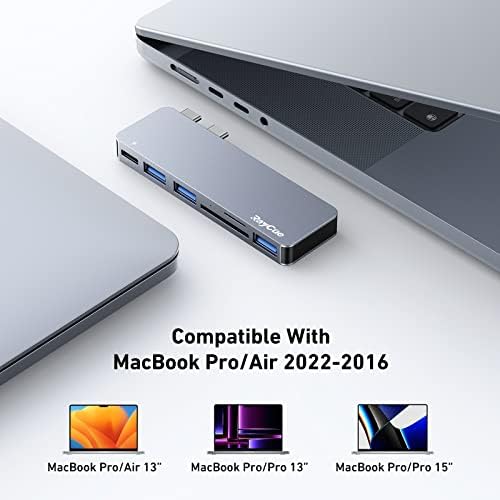 Transform Your Mac Book Experience with Ray Cue 6-in-2 USB C Hub Adapter – Thunderbolt 3, 3 USB 3.0 Ports & SD/TF Card Reader for Seamless Connectivity Across 2019-2023 Models