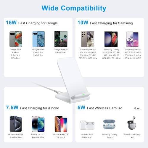 Samsung 15 W Wireless Charging Stand – Fast Charge Your Galaxy S25, S24, S23, S22, S21, S20 & Google Pixel Models with Enhanced Compatibility and Sleek Design for Effortless Power Delivery and Viewing Convenience