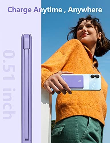 Ultra Slim 6000 m Ah Power Bank with Built-In USB C Cords – Card-Sized Portable Charger for Effortless On-the-Go Charging, Triple Output for i Phone, Samsung, Google Devices – Stylish and Compact Battery Pack for Enhanced Efficiency and Versatility