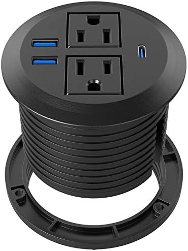 Sleek Recessed Power Grommet with Dual AC Outlets and 20 W USB-C Fast Charger – Essential Flush-Mount Desk Outlet for Organized Workspaces, ETL Listed for Safety and Reliability, Perfect for Home and Office Use