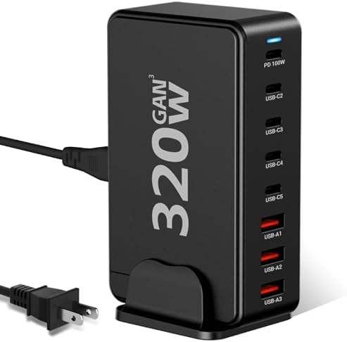 Power Up Your Workspace: 320 W 8-Port Ga N III Fast Charging Hub with 100 W PD for Laptops and Universal Devices – Ideal for Mac Book Pro, Dell XPS, i Phone 15/14, Galaxy S23, i Pad Pro/Air with 5-Foot Cable for Ultimate Flexibility and Efficiency