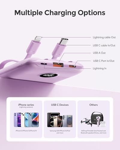 Ultra-Slim 10,000 m Ah Mini Power Bank with Built-in Cables – 22.5 W Fast Charging USB-C Battery Pack for i Phone 16/15/14 and Samsung Galaxy 24/23 – Essential Travel Charger for On-the-Go Power Needs