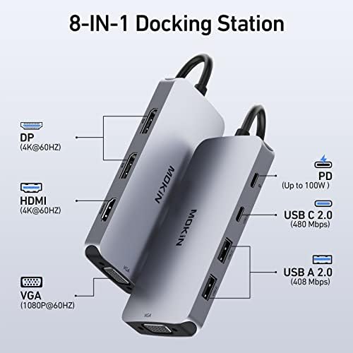 Maximize Productivity with Our 8-in-1 USB C Docking Station: Dual Display Port Multi-Monitor Adapter for Seamless Connectivity, Featuring HDMI, VGA, 2 USB A Ports, Fast USB C 2.0, and PD Charging – Perfect for Dell, HP, and Lenovo Laptops!