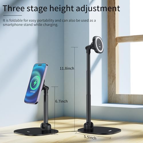 VRIG Magnetic Desk Phone Stand for Office/Home, 360°Rotation Wireless Charger Phone Holder with Magnetic Ring Height&Tilt, Adjustable Cell Phone Stand for iPhone 16 15 14 13 12 and More/Android – Enhanced Compatibility and Speed