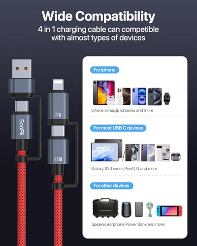 SOOPII 100 W 6.6 FT 4-in-1 Multi-USB C Charging Cable – Fast Charging Solution with USB-C, USB-A, and Lightning Connectors – Durable Nylon Braided Design for Phones, Tablets, and Laptops – Ultimate Versatility for Home and Travel
