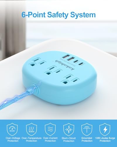 Stylish Brown Extension Cord with 1080 J Surge Protection – 5 FT Flat Braided Design Featuring 3 AC Outlets & 4 USB Ports (24 W/4.8 A) for Fast Charging – Ideal Tan Desk Accessory for Powering Devices Safely & Efficiently