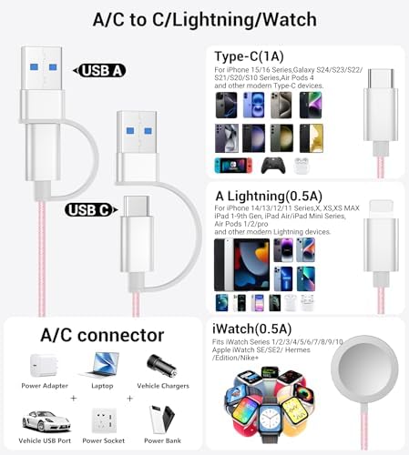 Temdan 3-in-2 USB C Charging Cable: Versatile Multi-Device Charger for Apple Watch Ultra, SE & i Phone 12-16 – Rapid Charge, Compact Travel Essential – Stylish Pink Smartwatch Accessory for On-the-Go Power Solutions