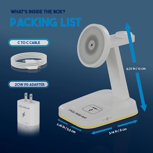 Revolutionize Your Charging Routine with the POLYGEAR 4 in 1 Magnetic Wireless Charging Station – 15 W Fast Mag Safe Hub for i Phone 12-15 Pro Series, Air Pods 2/3/Pro, and i Watch Ultra/8/7/SE/6/5/4/3/2 – Includes 20 W PD Adapter & USB-C Connectivity for Unmatched Versatility and Efficiency