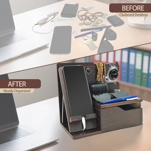 Sleek 3-in-1 Wood Phone Docking Station with Hidden Charging Hole & Drawer – Multifunctional Organizer for Phones, Keys, Glasses & Accessories, Ideal Men’s Desk Solution (Brown) – Premium Quality & Enhanced Compatibility