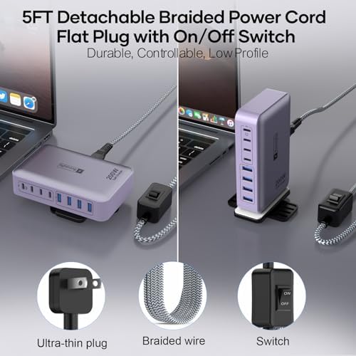 Transform Your Charging Routine with the 200 W 8-Port Fast Charging Hub – Multi-Device USB Station Featuring 65 W Laptop Adapter, Space-Saving Flat Plug, Durable Braided Cable, and User-Friendly On/Off Power Control for Optimal Performance and Safety
