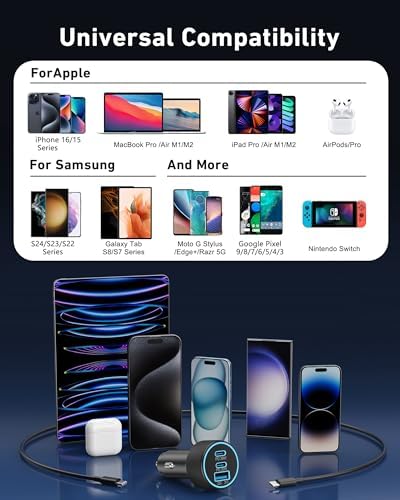 67 W 3-Port Ultra-Fast USB-C Car Charger with 3 FT Cable – High-Speed Charging for i Phone 16/16 e/15 Pro Max, Samsung Galaxy S25/S24/S23, Google Pixel 9/8/7, and Android Devices – Sleek Silver Design for Enhanced Style and Functionality