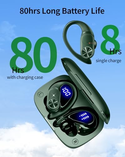 Poc Buds Wireless Bluetooth Earbuds – 80 Hours Playtime, Deep Bass Sound with Digital Display, IPX7 Waterproof Sports Earphones, Ergonomic Earhooks for Secure Fit, Compatible with TV, Phone & Laptop – Stylish Olive Design for Active Lifestyles