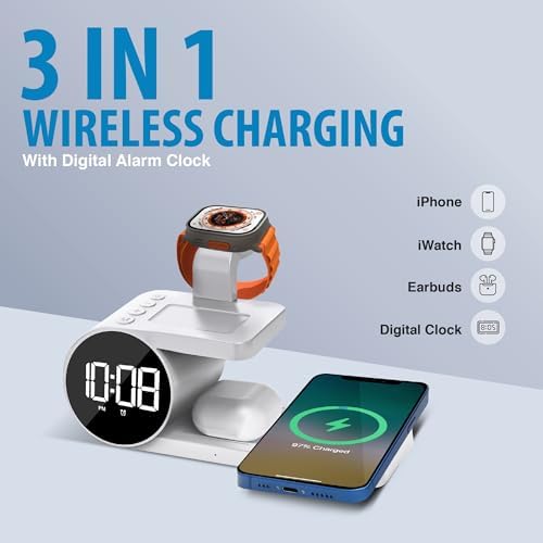 Brookstone 4-in-1 Wireless Charging Station: Elegant Multifunctional Hub for i Phone 15 to 12 Pro Max, All Apple Watch Series & Air Pods Compatibility | Fast Charging with Integrated Clock for Home or Office Use