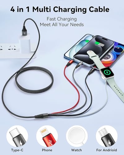 Revolutionary 4-in-1 Fast Charging Cable for Apple Watch and i Phone – Versatile Multi-Device Charger Compatible with i Phone 16, 15, 14, 13, Galaxy Models, and All Apple Watch Generations – Durable 4-Foot Braided Cord for Effortless Portability and Rapid Power Restoration – Your Essential Tech Companion for Streamlined Charging Solutions