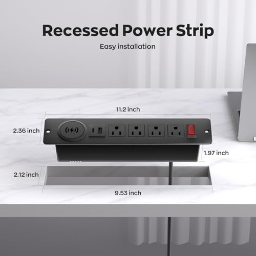 Recessed Power Strip with Integrated 15 W Wireless Charger – Versatile Desktop Charging Station Featuring 2 USB-C Fast Charging Ports & Dual AC Outlets for Home and Office Use – Streamlined Design for Clutter-Free Spaces & Enhanced Device Compatibility