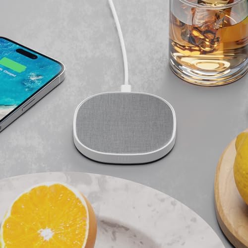 Novo Wireless Charging Pad – 15 W Fast Charge with Elegant Linen Gray Fabric, Compatible with i Phone 16/15/14/13/12/11, Samsung S24, Air Pods & Qi Devices – Stylish Design for Home & Office Efficiency