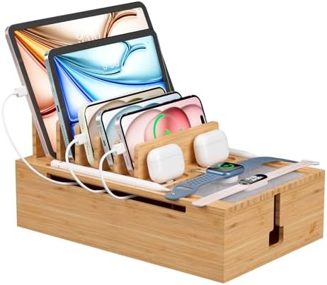 Pezin & Hulin Eco-Friendly Bamboo Charging Station – 10-Port USB Dock Organizer with 6 Cables, Enhanced Power Supply & Cable Management for Multi-Device Charging, Sleek Natural and Black Design for Homes and Offices