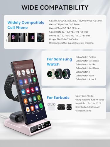 Upgrade Your Charging Experience with the Premium 3-in-1 Wireless Charger Station for Samsung Devices – Ultra-Fast Dock for Galaxy S24 Ultra, S23 Ultra, Z Flip 6, Fold 5, Galaxy Watch 7/6/5 Pro, and Buds – Modern Wood Grain Design with Integrated Clock for Enhanced Organization and Style
