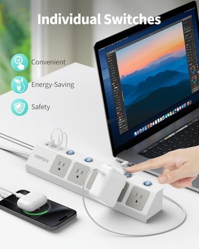 Ultra-Thin 10 Ft Flat Plug Power Strip with Individual Switches – 5-Outlet Surge Protector featuring 2 USB-C (20 W PD) & 2 USB-A Ports, 1700 Joules Surge Protection, Wall-Mount Design for Home and Office – Optimize Your Power Management with Enhanced Speed and Safety