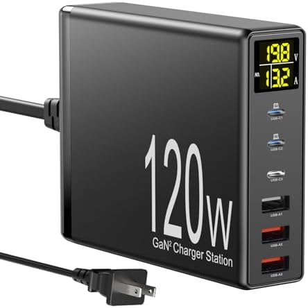 High-Power 120 W Multi-Port Desktop Charging Station with PD66 W Fast Charging – Versatile USB-C Connectivity for Mac Book, i Pad, i Phone 15/14/13/12, and More – Sleek Black Design for Home and Office Efficiency