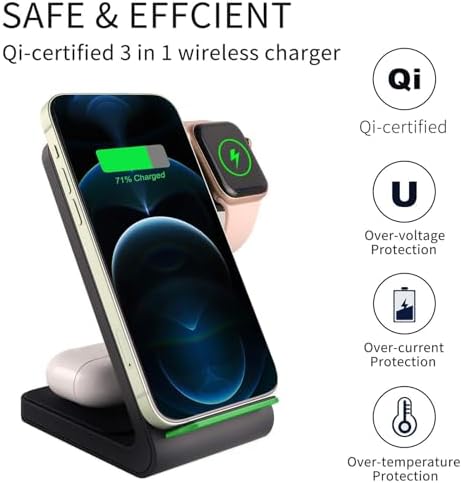 3-in-1 Qi-Certified Fast Wireless Charging Station for Apple Devices – Streamline Charging for i Phone, Apple Watch, and Air Pods with Enhanced Compatibility and Safety Features – Ideal Accessory for Modern Lifestyles