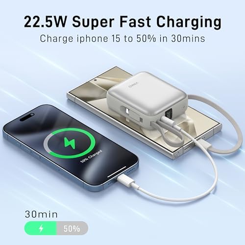 Ultra-Fast 22.5 W Mini Power Bank: 10,000 m Ah Portable Charger with Built-in Cables & LED Display | Charge 3 Devices Quickly | Sleek Design for Travel | Ideal for i Phone, Samsung, Android | Durable & Safe Power Supply for Everyday Use
