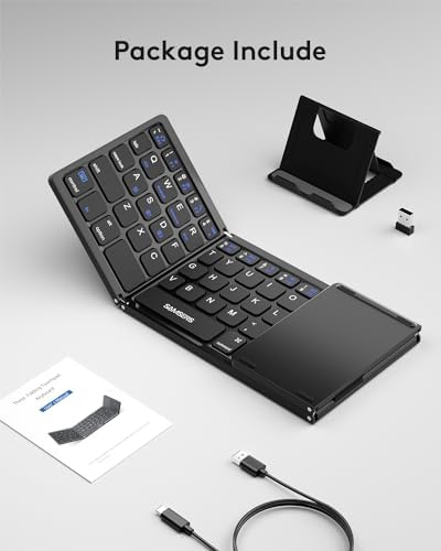 Samsers Portable Bluetooth Keyboard with Touchpad – Ultra-Slim Foldable Wireless Keyboard for Effortless Typing on Android, Windows, and i OS Devices – Rechargeable, Travel-Friendly Design with Device Holder – Black