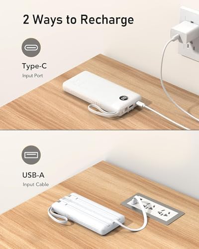 VEEKTOMX 10,000 m Ah Portable Power Bank with Integrated Charging Cables – Slim, Lightweight Fast Charger for i Phone, Samsung, and Android Devices – Essential Travel Companion with Intelligent Charging Technology for On-the-Go Convenience