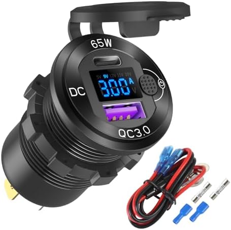 Premium 12 V USB Outlet Car Charger with PD65 W and Quick Charge 3.0 Ports – Waterproof Aluminum Design for RVs, Boats, and Laptops – Built-in Voltmeter & Energy-Saving Switch for Reliable Charging on the Go