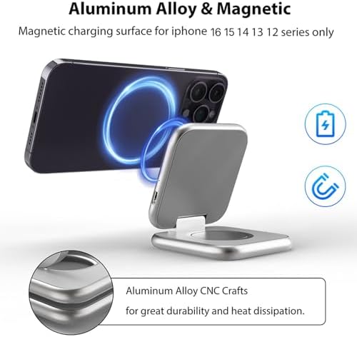 Compact 2-in-1 Foldable Wireless Charger Stand for Apple Devices – KUXIU Aluminum Magnetic Charging Station with 5 W Fast Charging for i Phone 15/14/13/12 Pro/Max, Apple Watch 9/8/7/Ultra2, and Air Pods Pro – Ultimate Portability and Enhanced Compatibility for Travelers